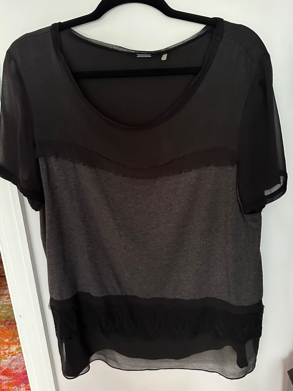Elie Tahari Black Grey Silk Layered Sheer-Panel Women's Top Large